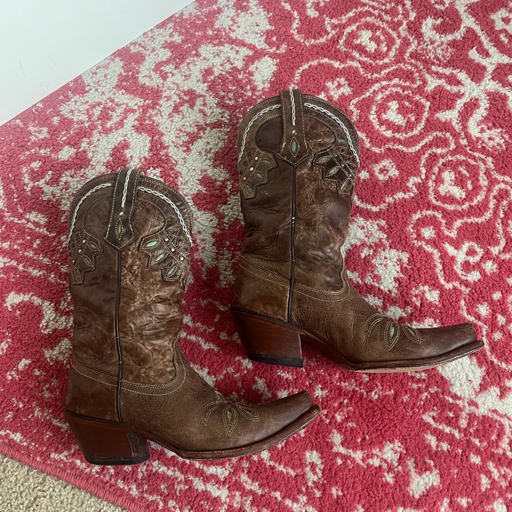 Tony Lama Brown & Turquoise Embroidered Leather Western Booties by - Picture 6 of 7